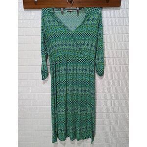 Ambernoon II size 1X Women's Green Printed Long-Sleeve Faux Wrap Midi Dress